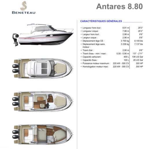 Motorboat Beneteau Antares 8.8 Plattegrond van de boot