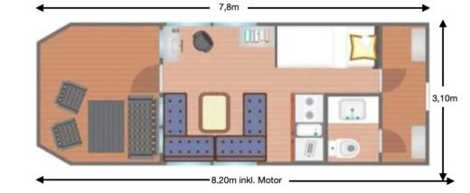 Houseboat Rollyboot optimal für ANFÄNGER Rollyboot 1 Plattegrond van de boot